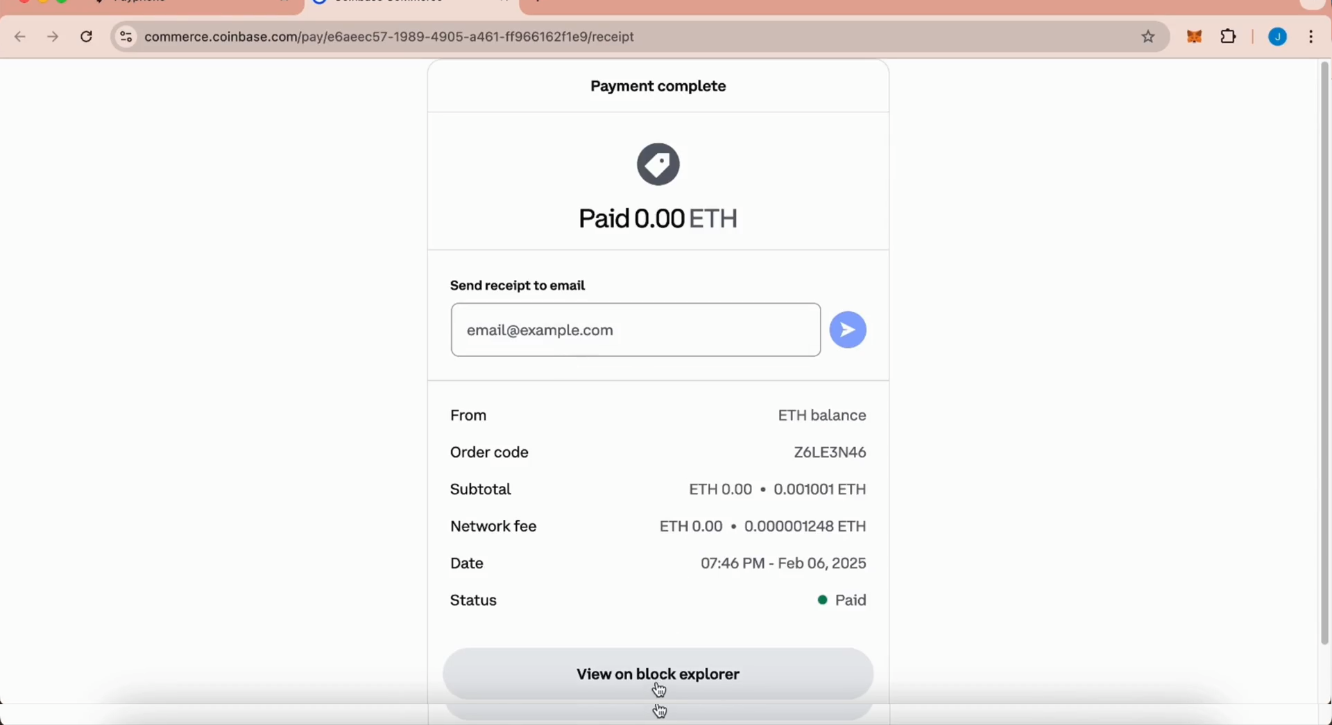 Coinbase Commerce receipt page