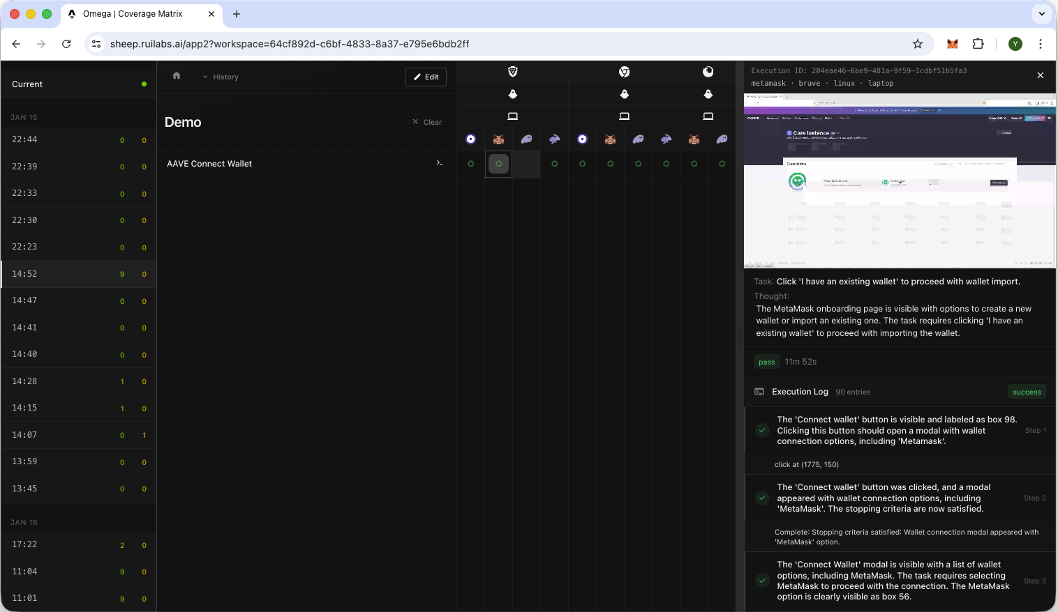 History sidebar with single test execution result